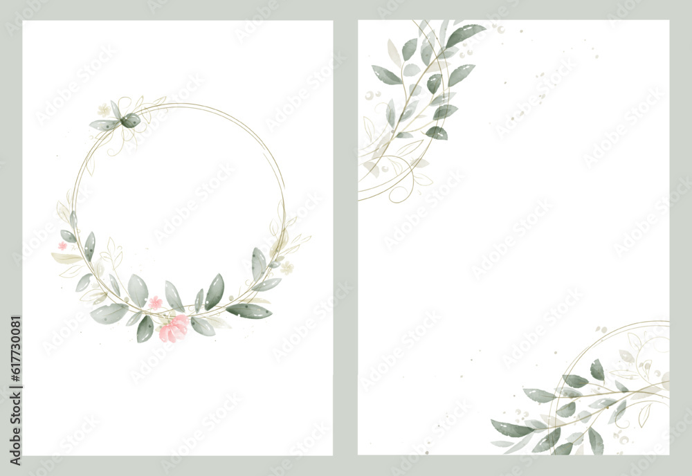watercolor template for invitation, congratulations from two sheets - a cute wreath of green and gold leaves and pink flowers and a page with pattern-filled corners