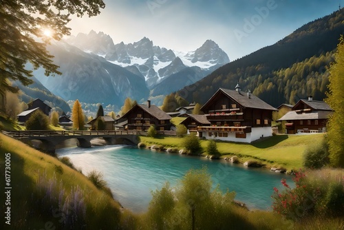 Typical village nestled among the Alps, with a river flowing through the valley - Generative AI