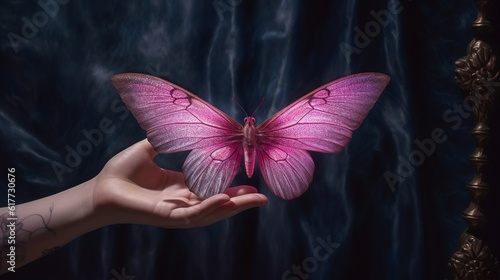 a woman who is shown clutching a pink butterfly in her hand photo