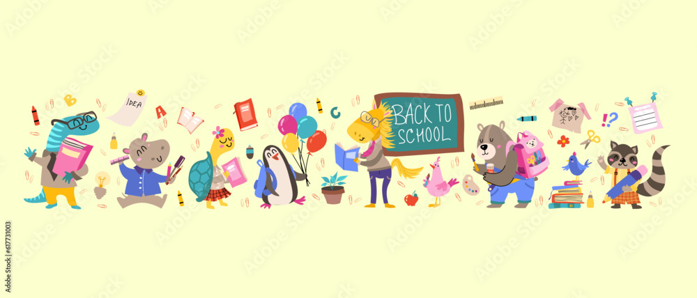 Fototapeta premium Back to school Animals hand drawn style, educational theme. Vector illustration.