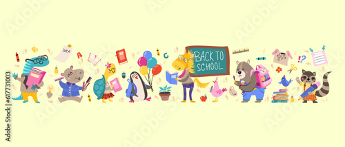 Back to school Animals hand drawn style, educational theme. Vector illustration.