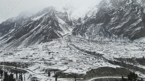 Aerial of Naltar valley in the winter season in Gilgit Baltistan, Pakistan. photo