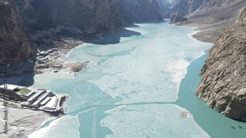 Aerial of Attabad lake in Hunza valley, Gilgit Baltistan, Pakistan in winter. photo