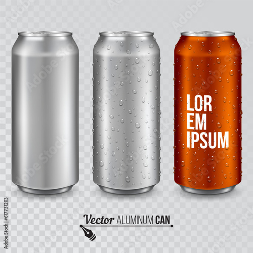 Aluminum can with water drops isolated on transparent background. Realistic metallic can for beer, soda, lemonade, juice, energy drink. Vector template for your design.