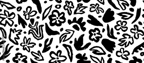 Brush drawn abstract organic shapes seamless pattern. Contemporary floral vector print. Random childish flowers and botanical shapes.