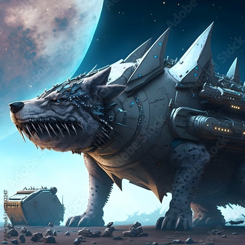 furry Sheepshark in science fiction assault armor in front of a starbase on a distant planet 8k  photo