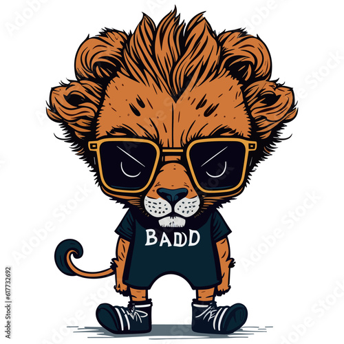 Cute lion doll in fashion style, vector illustration, animal in sunglasses, animal in clothes. photo