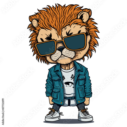 Cute lion doll in fashion style, vector illustration, animal in sunglasses, animal in clothes.