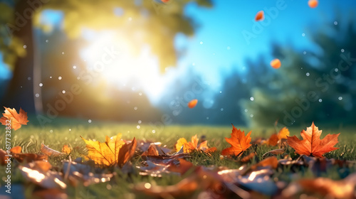 autumn leaves in the forest with sun shining light created with Generative AI