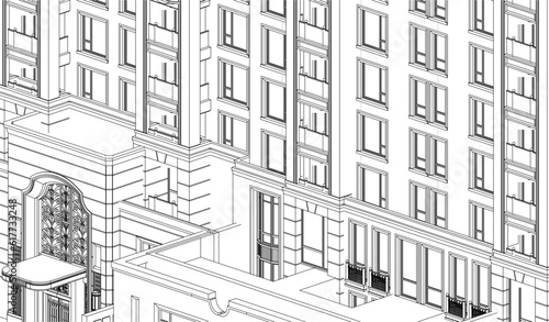 Illustration of an architectural hotel apartment facade, line drawing blueprint