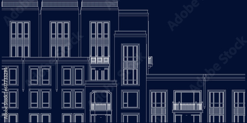 Illustration of an architectural hotel apartment facade, line drawing blueprint