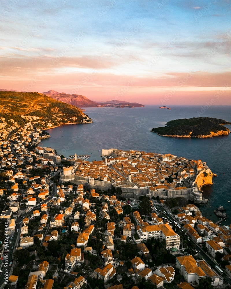 Walled City of Dubrovnik at Sunset. Aerial View