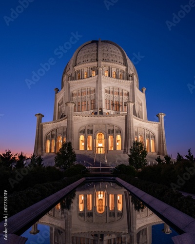 Bahai House of Worship in Chicago Suburbs at Blue Hour photo