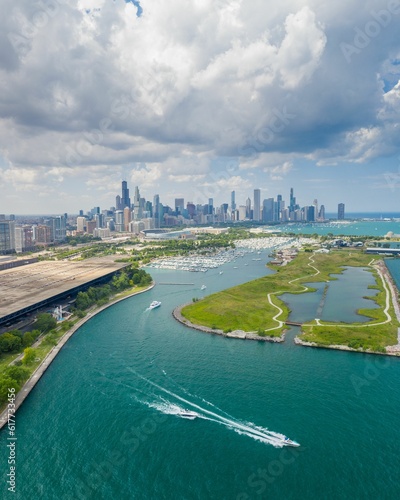 Aerial View of Northerly Island, Chicago Skyline in Background