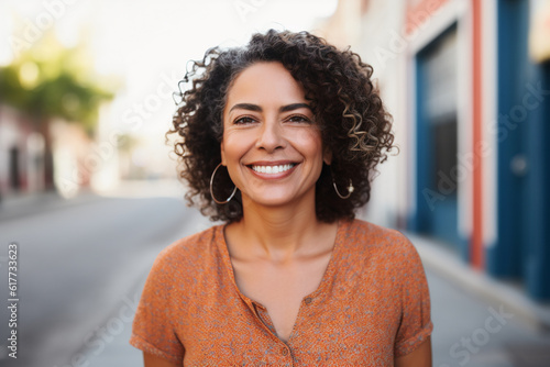 Portrait of a confident, smiling middle-aged Hispanic woman in her 40s or 50s, radiating positivity outdoors, showcasing Latin American pride, generative ai photo