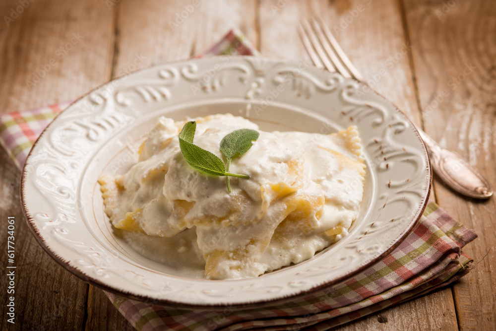 italian ravioli with cheese fresh cream and sage italian ravioli with cheese fresh cream and sage