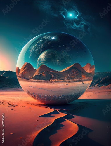 Fantastic landscape of an alien planet with hills or rocks through a large glass ball. Alien planet surface illustration for computer game. Generated AI