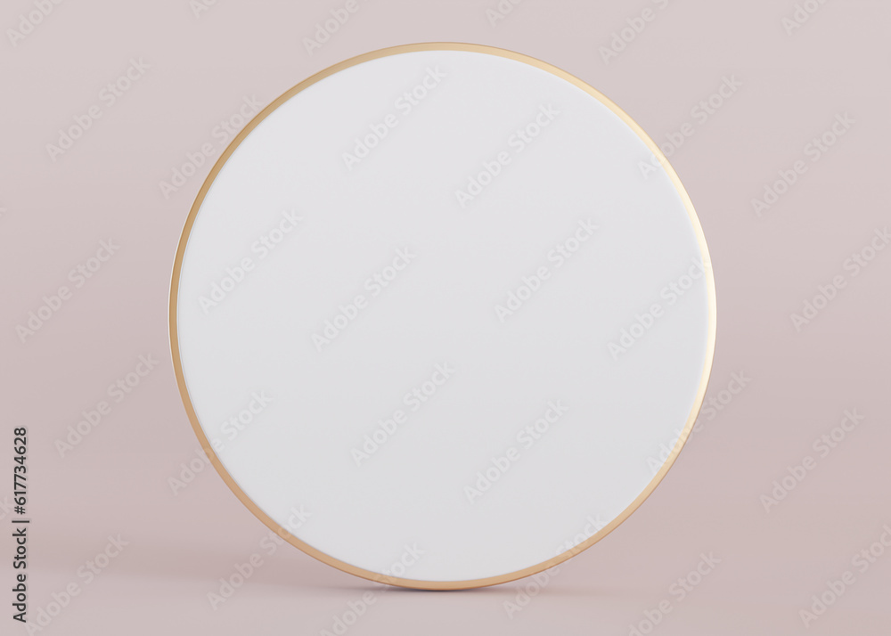 Simple, minimalist background with empty space for text. White, blank circle shape with copy space. Place here your advertising, announcement, logo. 3D rendering.