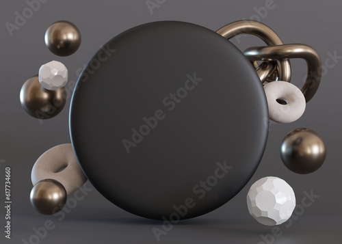 Background with 3d shapes and empty space for text. Black, blank circle shape with copy space. Place here your advertising, announcement, logo. 3D rendering.