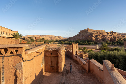 Ait Benhaddou is a UNESCO World Heritage Site listed village showing an example of traditional clay architecture located on the former caravan route between Marrakesh and the Sahara, Morocco.  photo