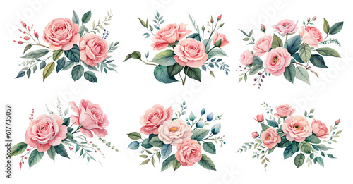 Fototapeta Naklejka Na Ścianę i Meble -  Watercolor vintage rose set. 