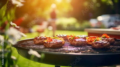 Assorted delicious grilled meat with vegetables on barbecue grill.