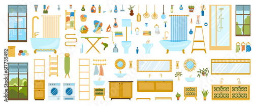 large set of furniture and household appliances for the bathroom, toilet and laundry in an ecological boho and art style. Vector illustrations of furniture for a cozy home in a flat hand-drawn style