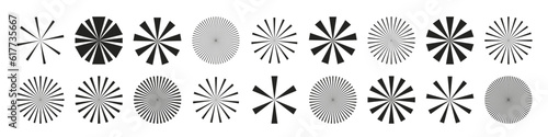 Circular bursts, beams, and rays. Monochrome graphics, optical patterns, and glowing black elements. Vector isolated illustration.