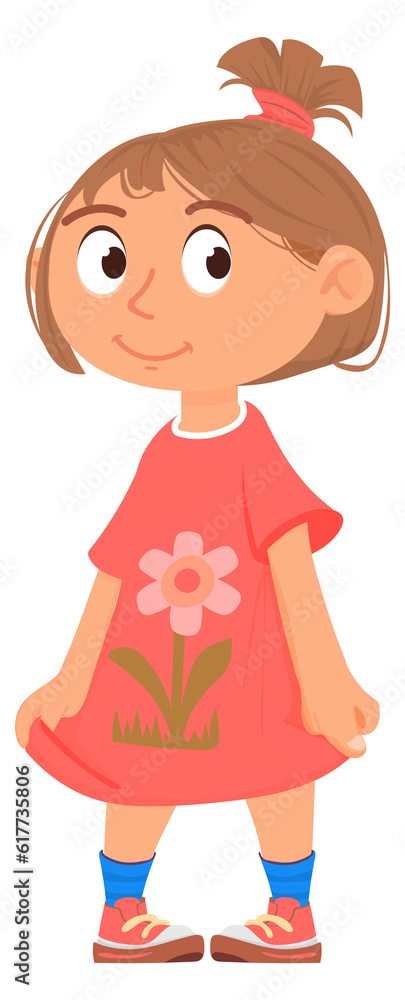 Little girl in red dress. Cartoon kid character Little girl in red dress. Cartoon kid character