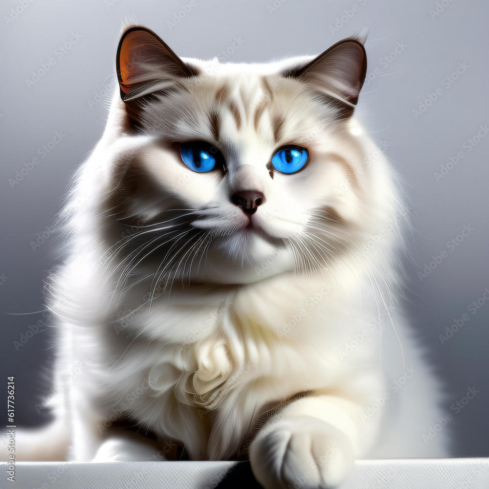 (Ragdoll)a cute white cat with blue eyes in studio, close up white background ,Generative AI illustration