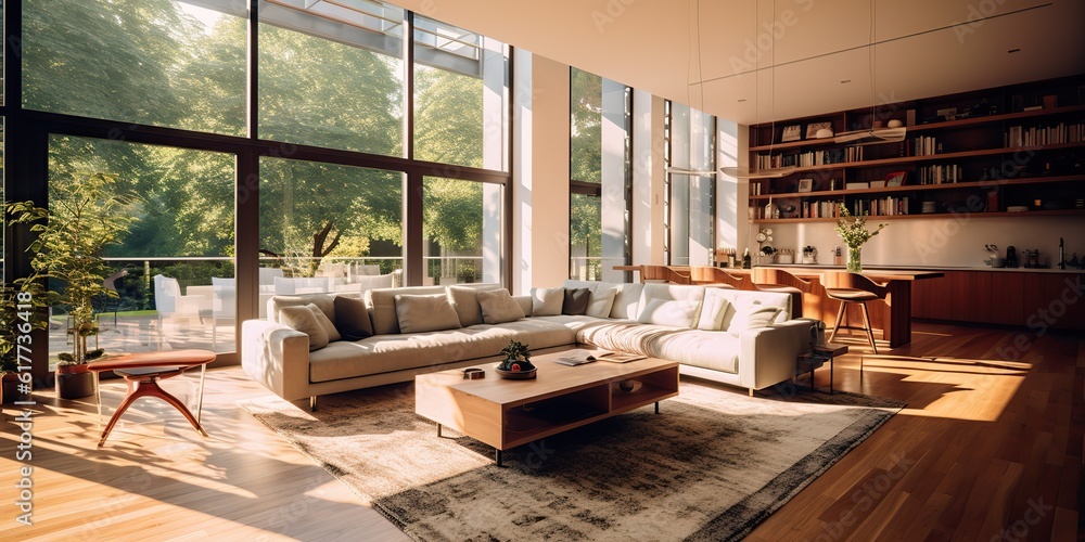 AI Generated. AI Generative. Modern luxury elegant cozy living room architecture with nice decoration and huge window. City garden view. Graphic Art AI Generated. AI Generative. Modern luxury elegant cozy living room architecture with nice decoration and huge window. City garden view. Graphic Art