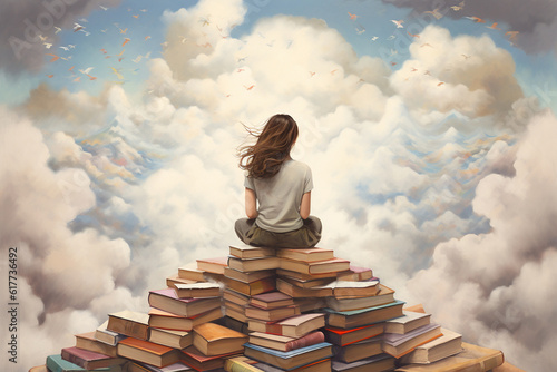 a young female among books and clouds, fantasy dream world, reading literature photo