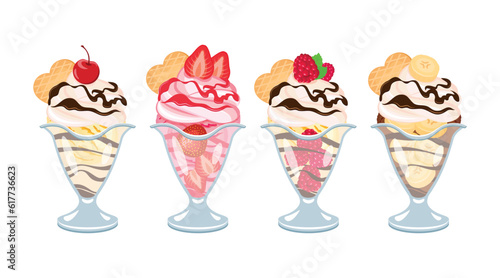 Ice cream sundaes various types icon set vector. Chocolate, vanilla, fruit ice cream sundae with whipped cream, icing and wafer icon set vector on a white background. Fancy ice cream cup drawing