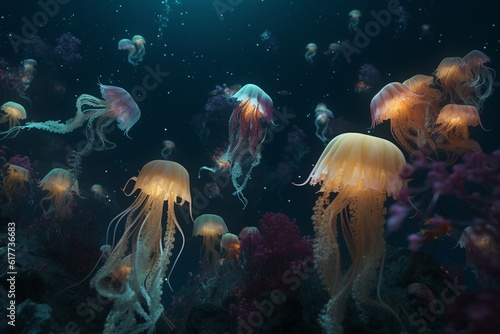 A detailed illustration of a group of sea creatures, such as jellyfish or octopus, in a mesmerizing and captivating underwater environment, Generative AI © FRANCISCO