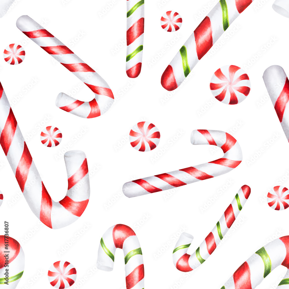 Fototapeta premium Watercolor christmas seamless pattern with candy cane illustration. New year hand painting lollipop isolated on white background. For designers, food decoration, menu, shop, fo