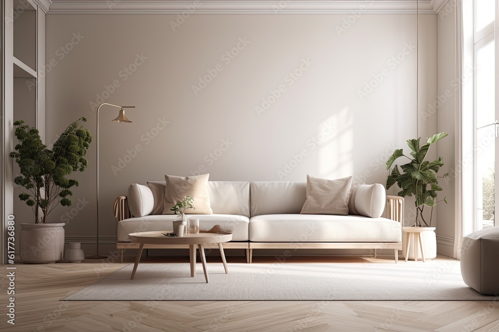Fototapeta premium Interior design of modern room with sofa, pillows, and plant. Generative AI