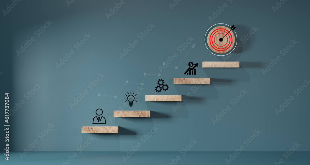 woods block step on table with icon Action plan, Goal and target, success and business target concept, project management, company strategy - obrazy, fototapety, plakaty 