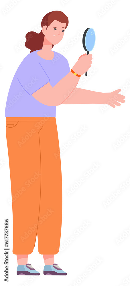 Woman look through magnify glass. Detective character Woman look through magnify glass. Detective character
