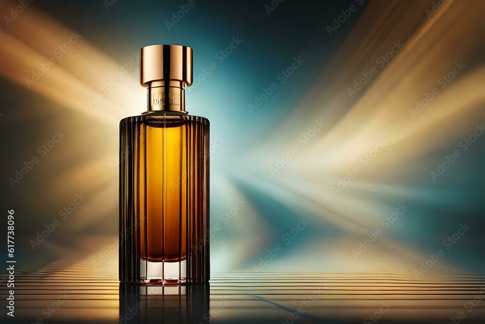 Naklejka premium Perfume bottle with dark background and soft lights in golden tones. Created with generative Ai technology.