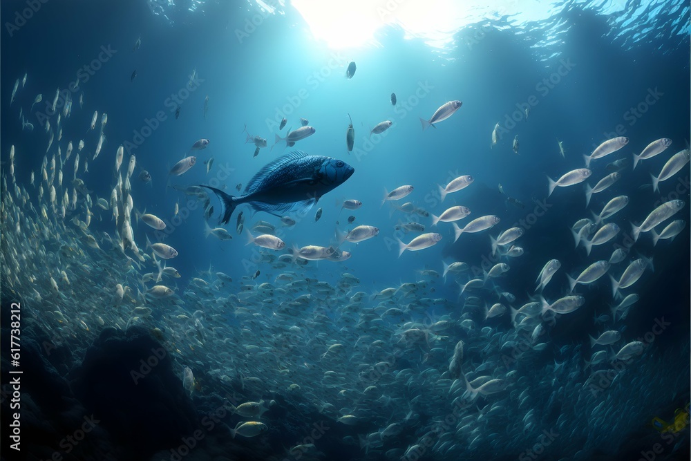 school of fish shool of fish underwater super realistic hyper detailed dramatic lighting 8k 
