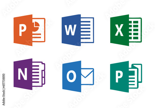 High resolution Microsoft office Word, Powerpoint, Excel, OneNote, Outlook and Publisher logos isolated on transparent background 