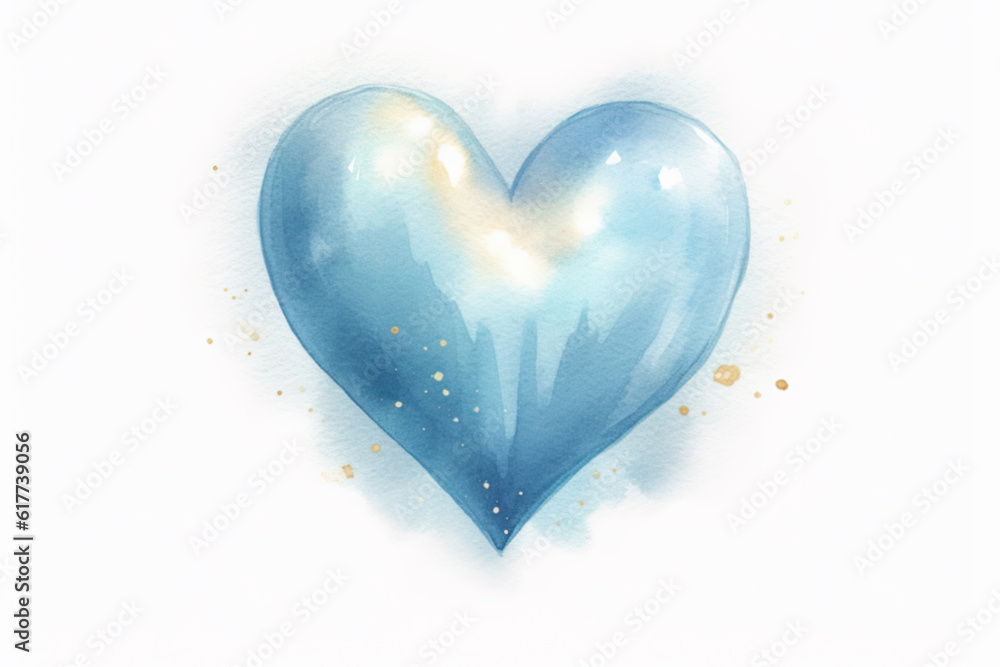 Simple light blue heart, glowing with sparkling light. Generative AI.