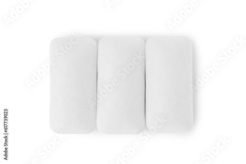 Tasty chewing gums on white background, top view