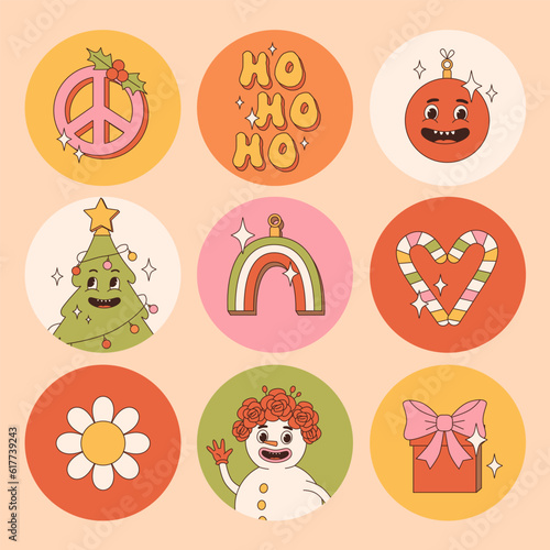Groovy hippie Christmas stickers. Santa Claus, tree, smile, peace, rainbow in trendy retro cartoon style. Merry Christmas and Happy New year greeting card, poster, print, party invitation, background.