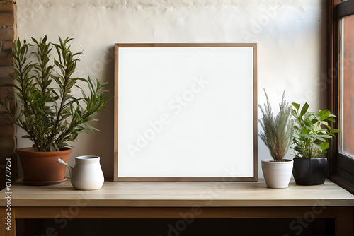 Blank picture frame on a wooden table in a modern living room Mock up AI Generative