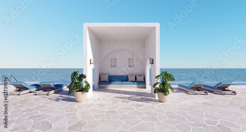 Beach house, Hotel Resort island country in only chairs and architecture outdoor looking out swimming pool close to the sea and sky, perfect for relaxing. luxury 3d rendering with sea view.