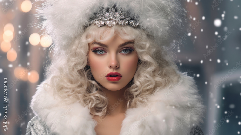 A stylish model in a glamorous winter outfit, adorned with fur, sequins, and jewels, exuding elegance and opulence for a luxurious Christmas design. Generative AI