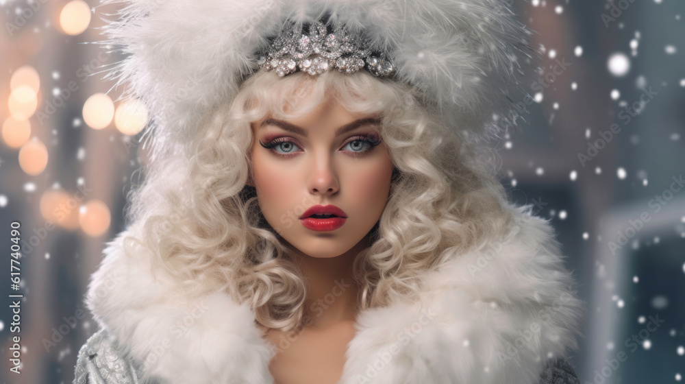 A stylish model in a glamorous winter outfit, adorned with fur, sequins, and jewels, exuding elegance and opulence for a luxurious Christmas design. Generative AI A stylish model in a glamorous winter outfit, adorned with fur, sequins, and jewels, exuding elegance and opulence for a luxurious Christmas design. Generative AI