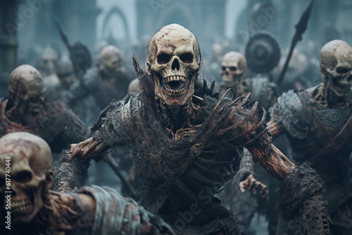 Skeleton warriors storm the castle, epic fantasy battle