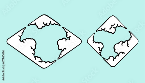 ひし型・ダイヤの雲の囲み枠・フレーム（和風、筆・ペン画風）